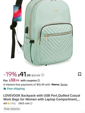 Lovevook Light Sage Green Quilted Backpack with Gold Accents